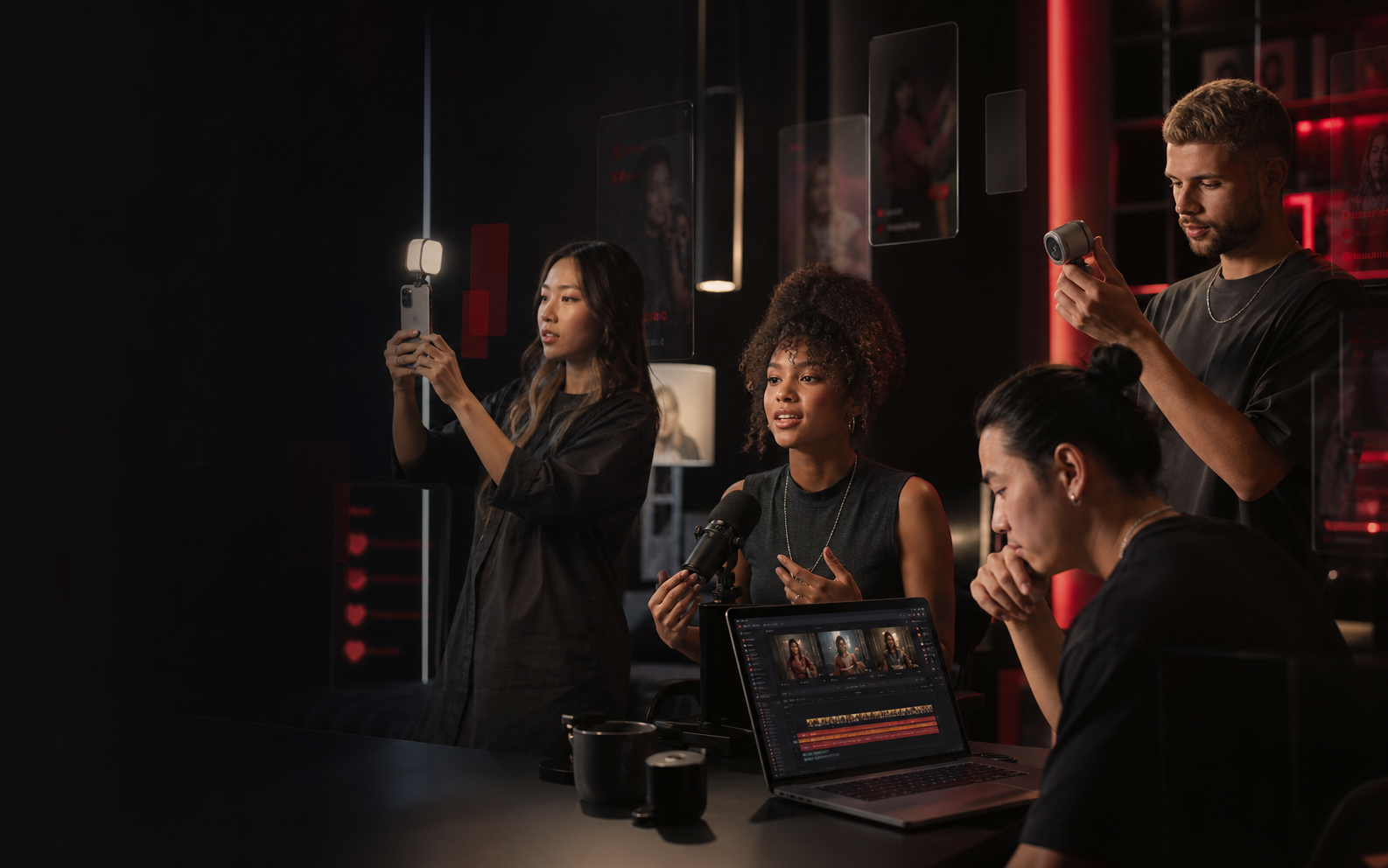 A diverse creator team filming, presenting and editing social-first content