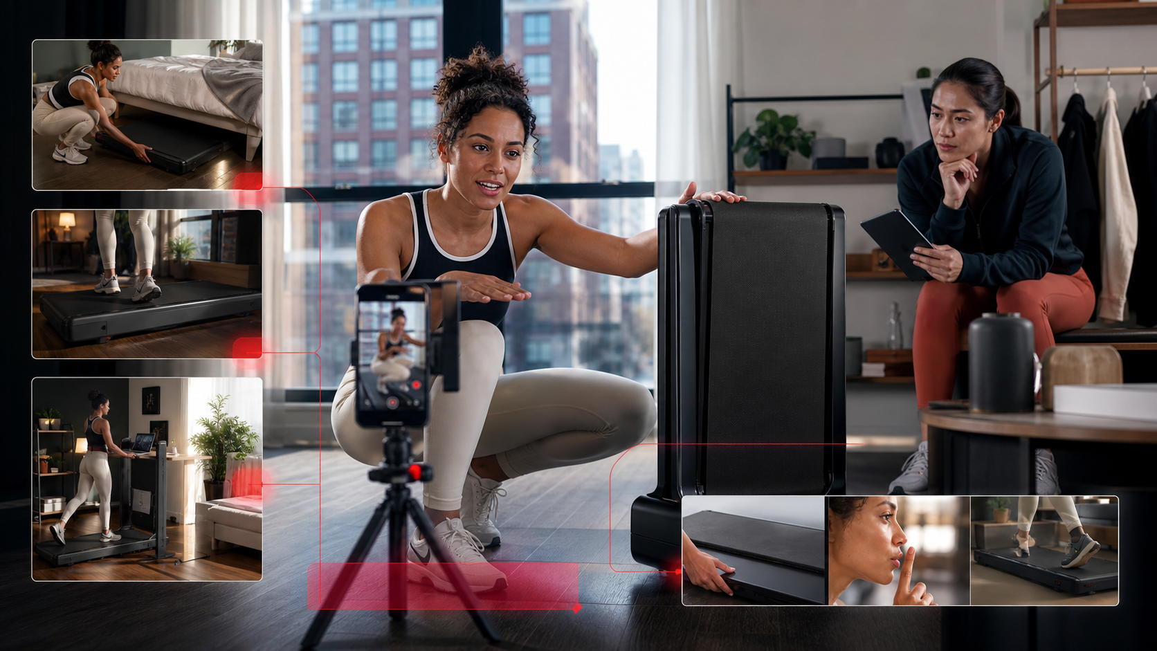 Lifestyle creator demonstrating compact home-fitness hardware while a brand operator reviews proof moments