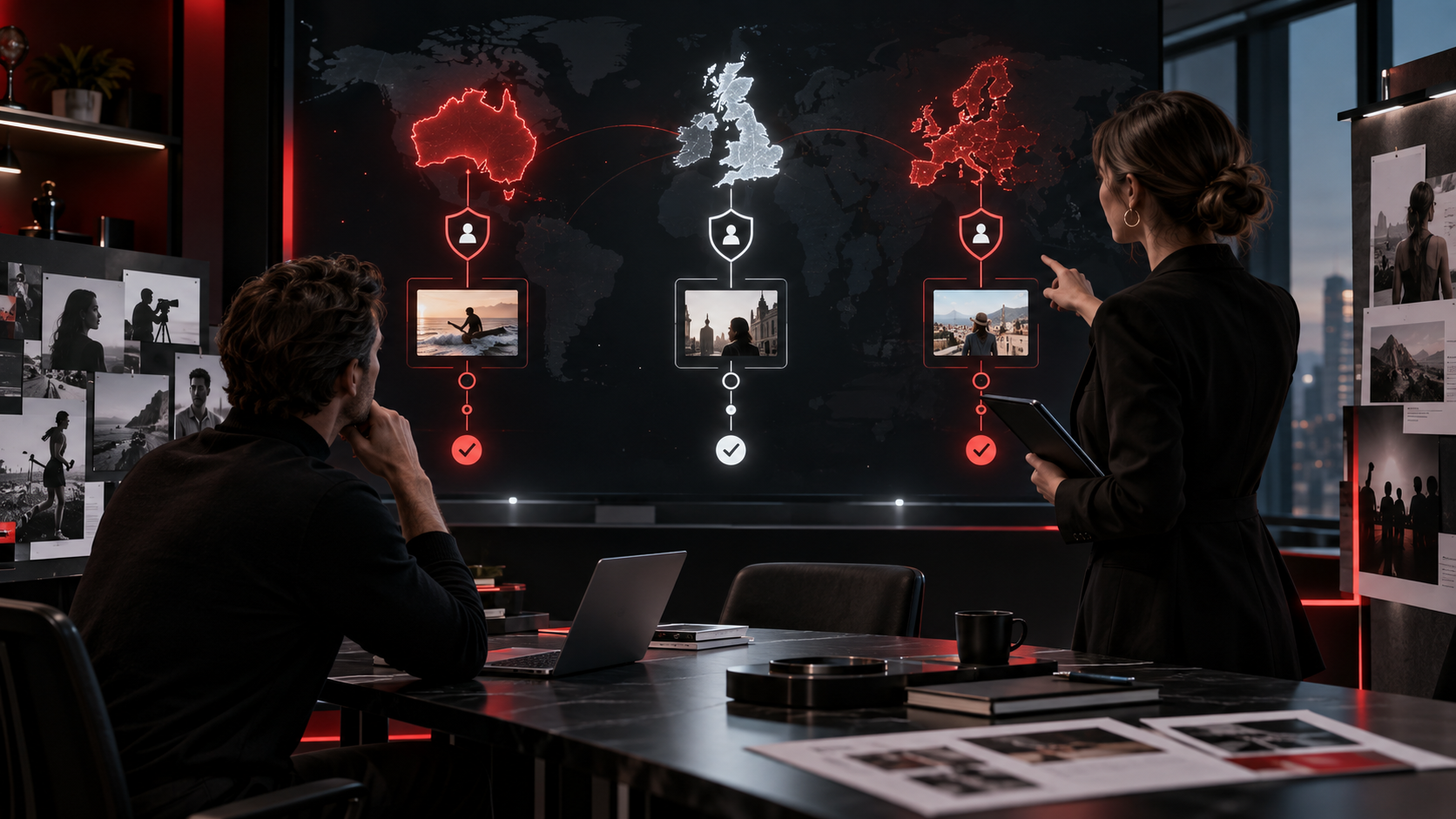 Adult brand strategists reviewing separate Australia, UK and EU creator campaign age-gate pathways