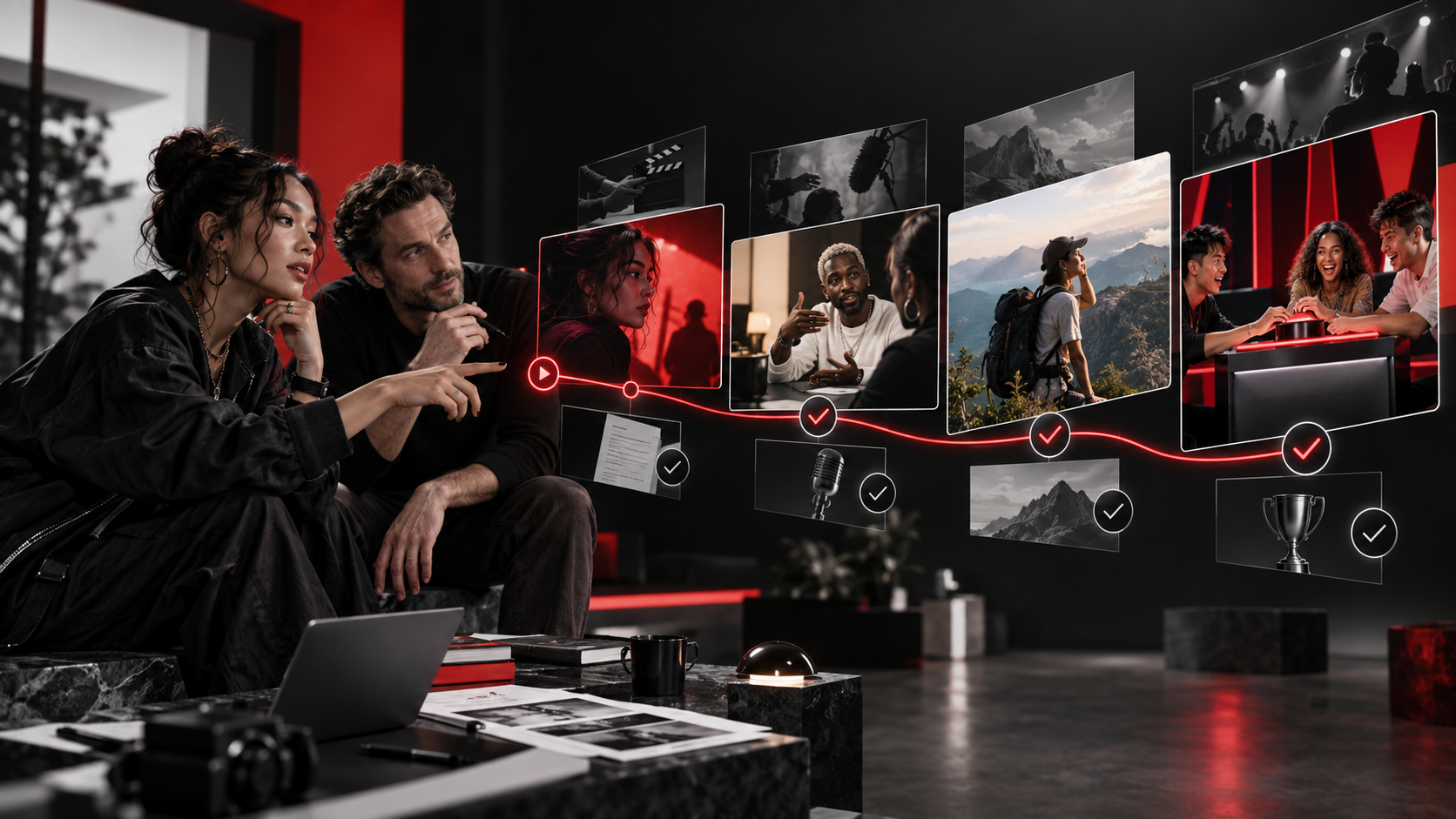 Creator and brand producer reviewing a connected sequence of episodic social video concepts